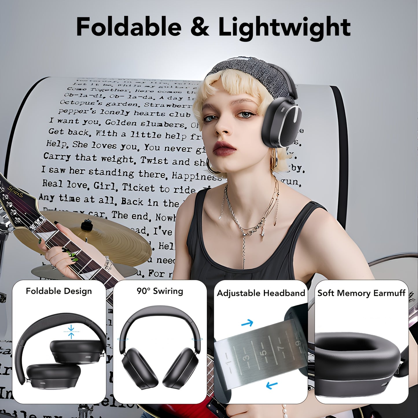 TIMU Active Noise Cancelling Headphones with Wireless, Built-in Mic, Foldable Over-Ear design, USB-C Charging, Long-Lasting 500mAh Battery - Compatible with PC, Laptop, Mobile, Gaming, Travel - for Men & Women (Black) - Ideal