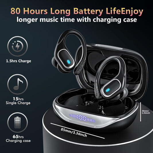 New Wireless Earphones Designed for Gym Running, 430mAh Large Capacity Battery, Stereo In-Ear Earphones with LED Display Charging Case, Wireless Earphones with Deep Bass Effect and Ear Hooks, HiFi Stereo Sports Earphones with