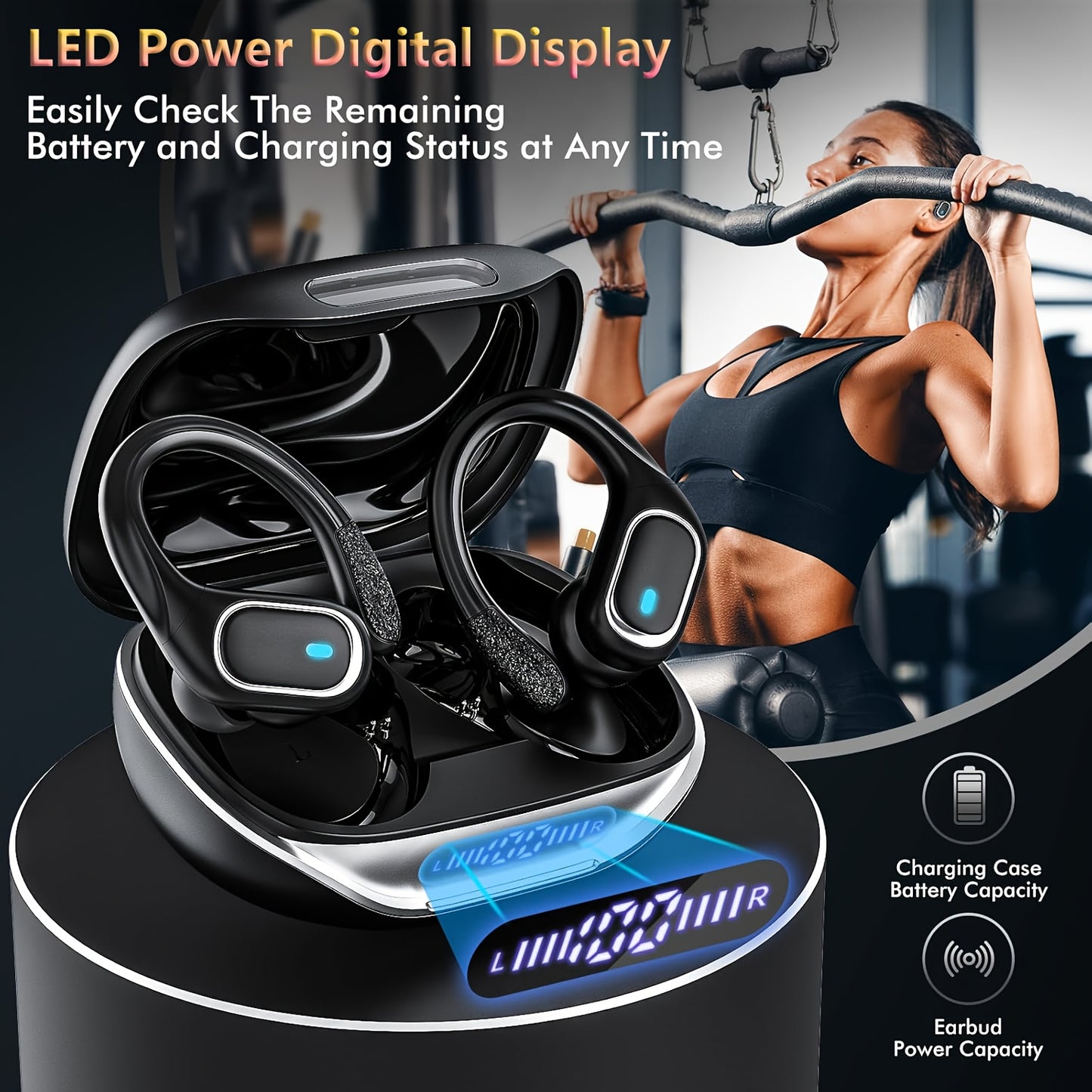 New Wireless Earphones Designed for Gym Running, 430mAh Large Capacity Battery, Stereo In-Ear Earphones with LED Display Charging Case, Wireless Earphones with Deep Bass Effect and Ear Hooks, HiFi Stereo Sports Earphones with