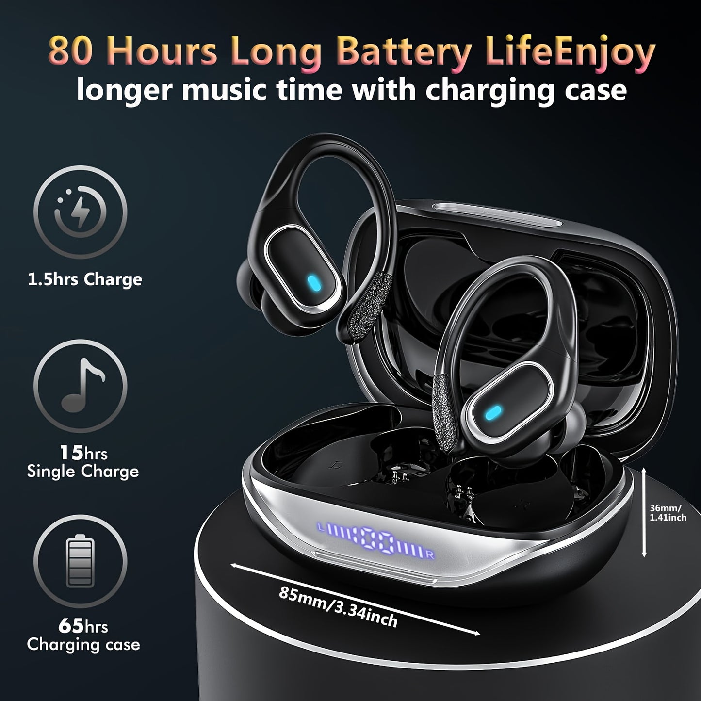 New Wireless Earphones Designed for Gym Running, 430mAh Large Capacity Battery, Stereo In-Ear Earphones with LED Display Charging Case, Wireless Earphones with Deep Bass Effect and Ear Hooks, HiFi Stereo Sports Earphones with
